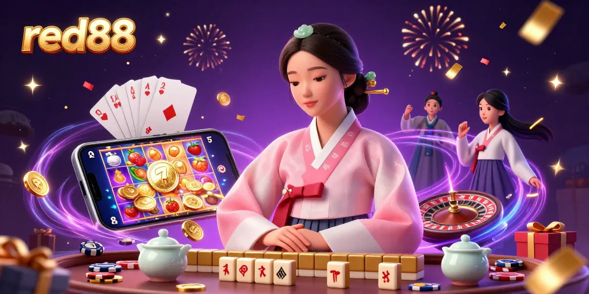 Experience excitement at red88 with this vibrant 3D illustration showcasing thrilling casino games and festive elements.
