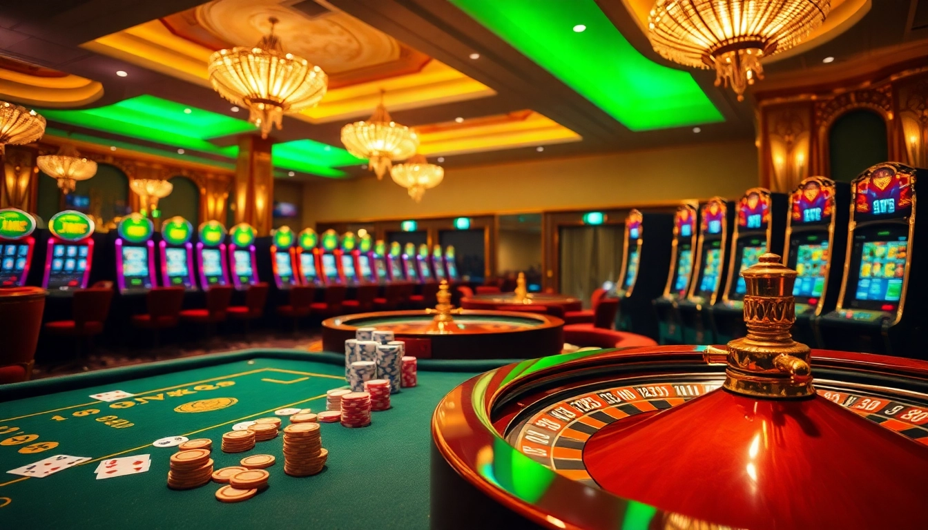 Experience Go88 excitement with vibrant casino tables, roulette wheels, and slot machines.