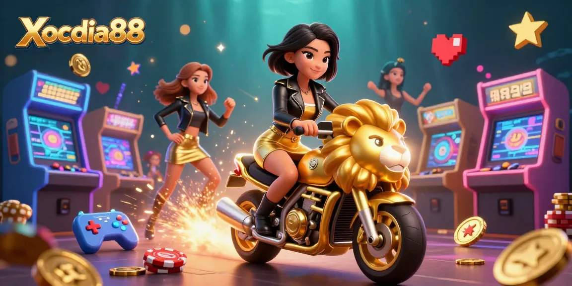 Xocdia88 showcases a glamorous Asian character riding a golden lion mascot amidst vibrant casino elements.