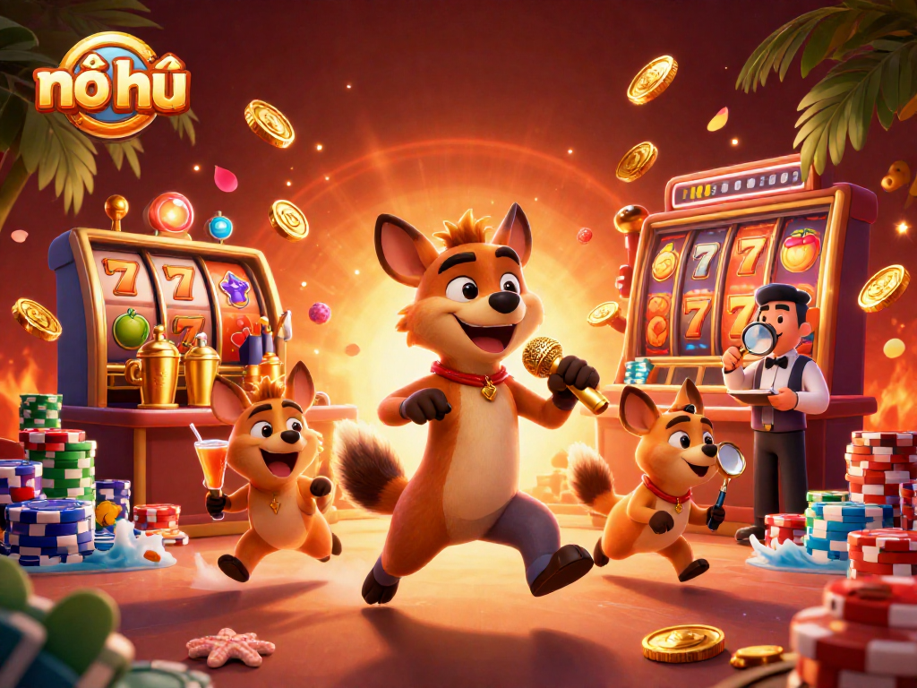 Experience vibrant nổ hũ gaming vibes with hyena characters in a lively casino scene.