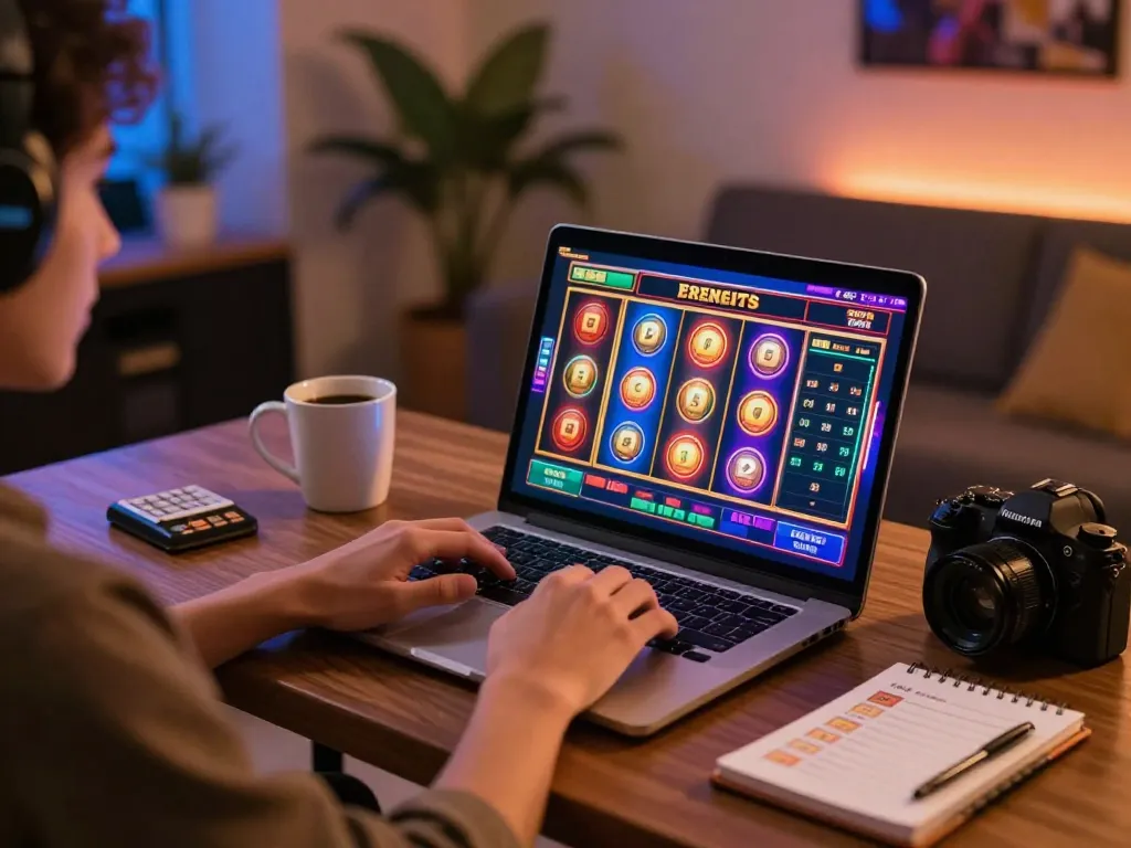 Engaging in online gaming at home with SC88 on laptop, showcasing vibrant slot machine gameplay.