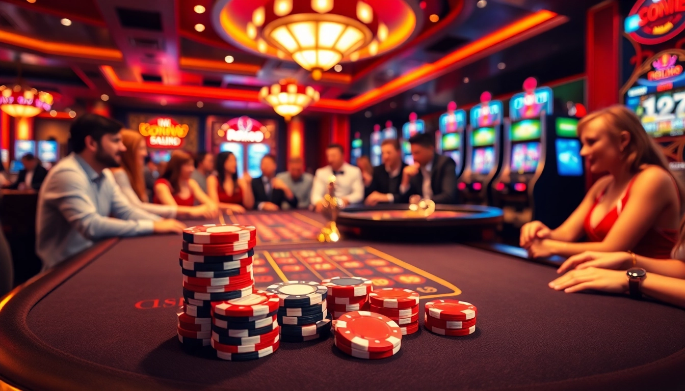 Players enjoying a thrilling round at Hello88 casino with vibrant poker chips and roulette.