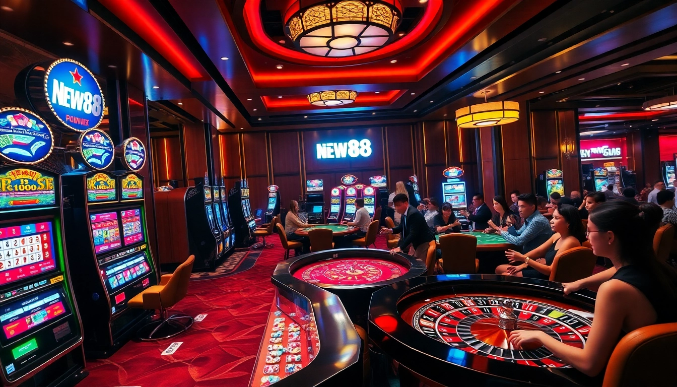 Experience the thrill of NEW88 at a lively casino scene with players at roulette and vibrant slot machines.