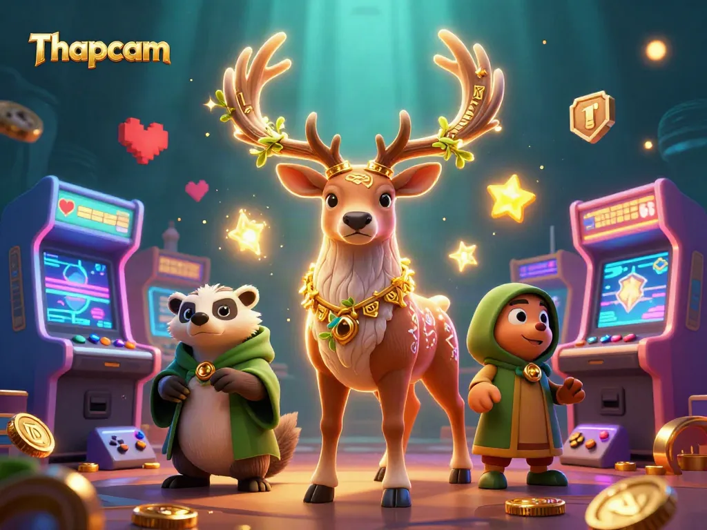Engage in Thapcam's thrilling gaming experience with 3D characters in a rich, colorful casino scene.