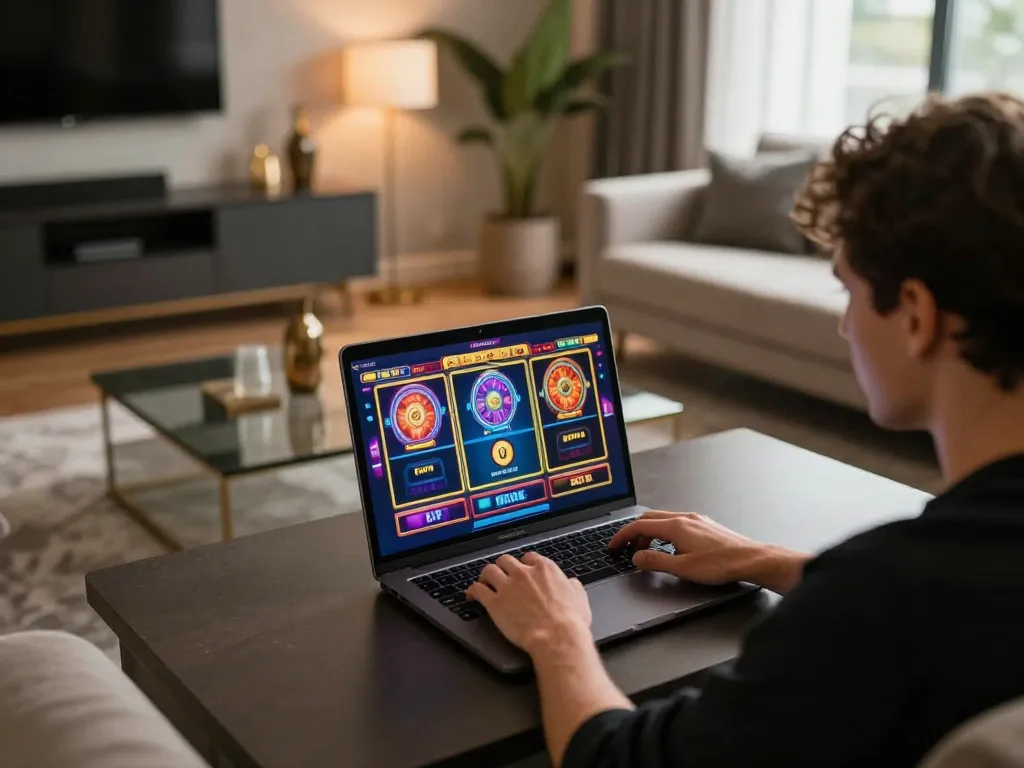 Engaged player using fly88 on a laptop in a stylish home setting, showcasing online slot game excitement.