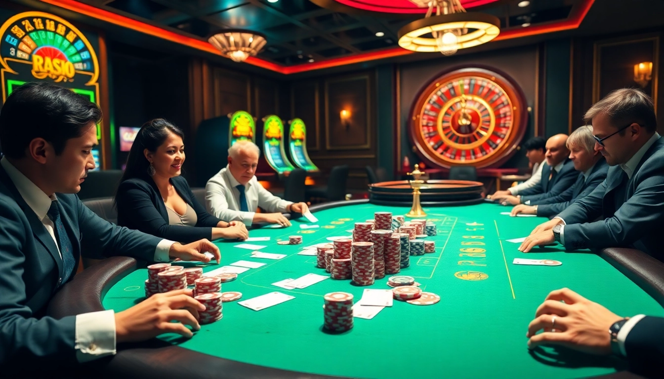 Experience thrilling gambling action at https://xx88tv.com/ with players at a poker table surrounded by luxury.