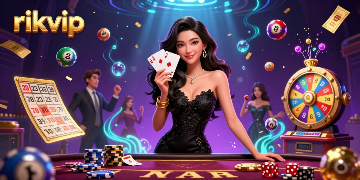 Experience excitement at rikvip with a stunning Asian woman holding two ace cards in a vibrant casino.