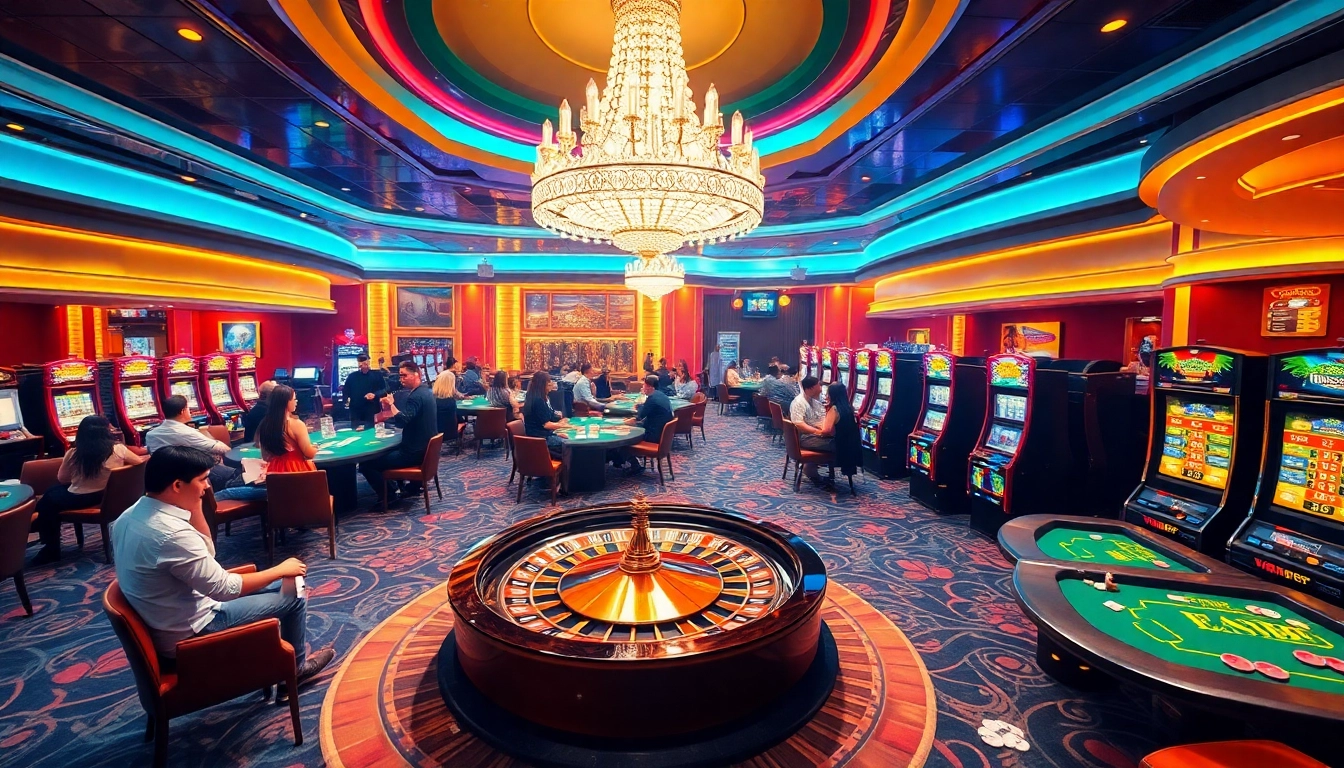 Players enjoying thrilling games at the TR88 casino, surrounded by vibrant slot machines and lively atmosphere.