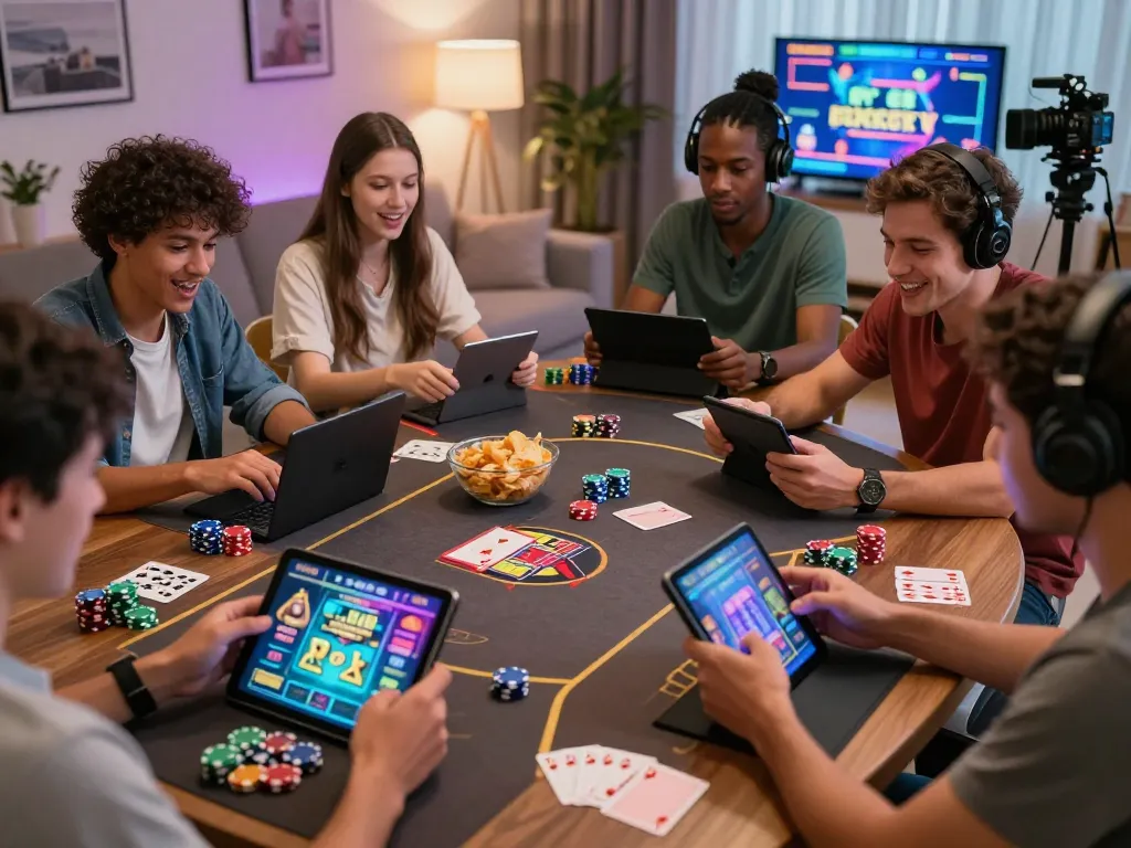 Goal123 online gambling players enjoying diverse games in a vibrant home setting, showcasing excitement and engagement.
