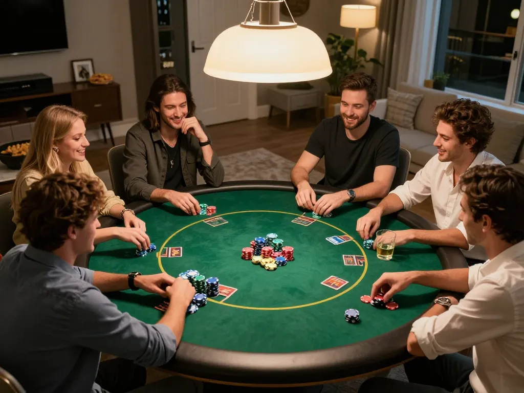 Engaging home poker night with friends playing Texas Hold'em at ta88, warm lighting and snacks enhance the atmosphere