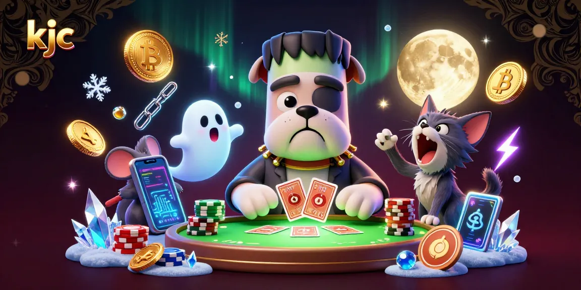KJC players enjoying card games with a Frankenstein bulldog and ghost mouse at a neon-themed casino