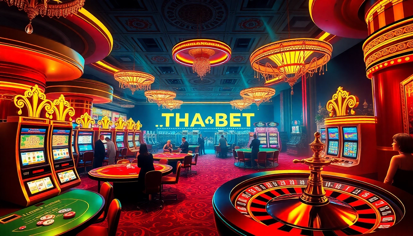 Experience the excitement of THA BET at a luxurious casino featuring poker tables and vibrant slot machines.