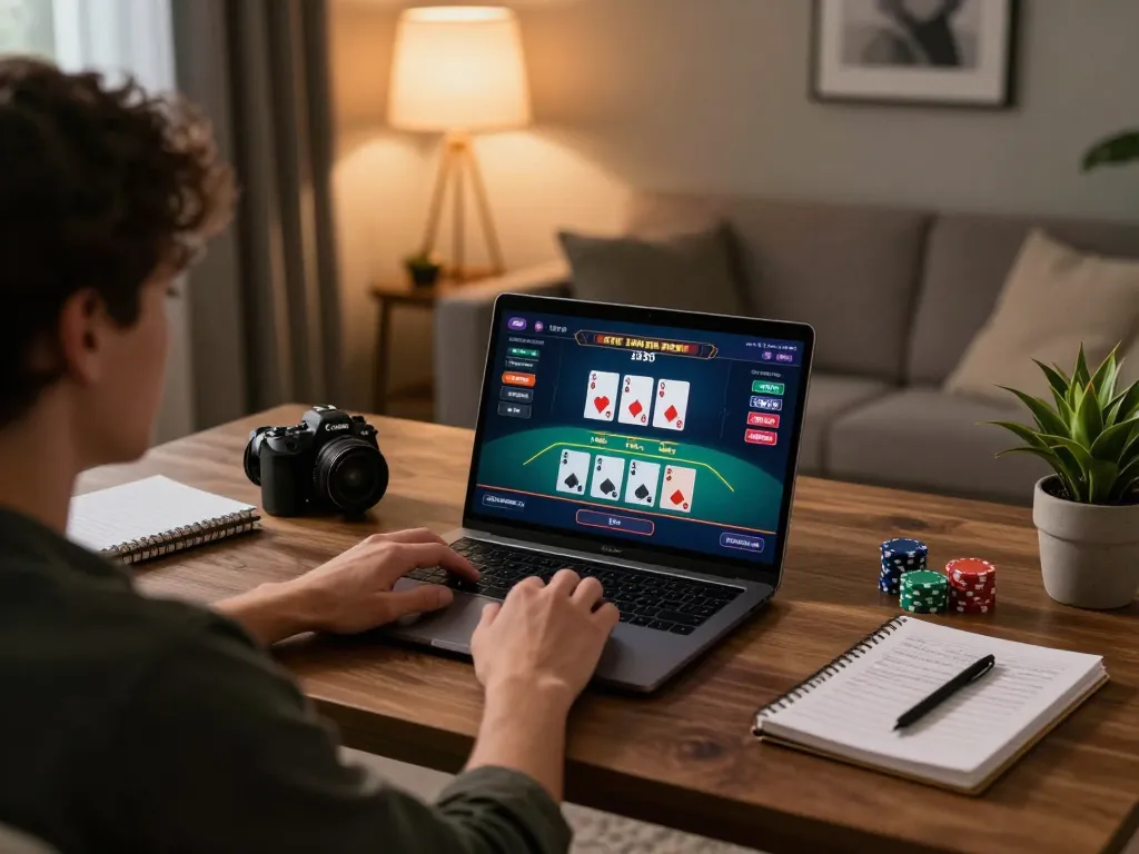 Player engaging in a live blackjack game on ta88e using a laptop, showcasing a sophisticated home gaming environment