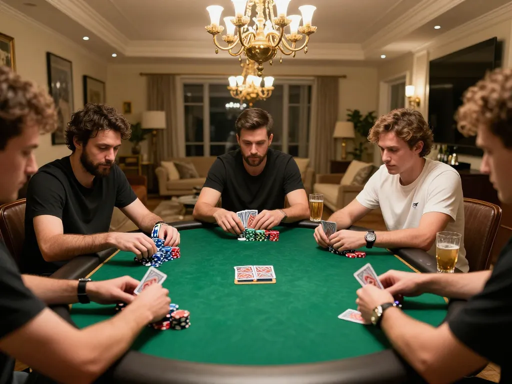Engaging poker game scene highlighting keonhacai strategy among friends in a cozy home