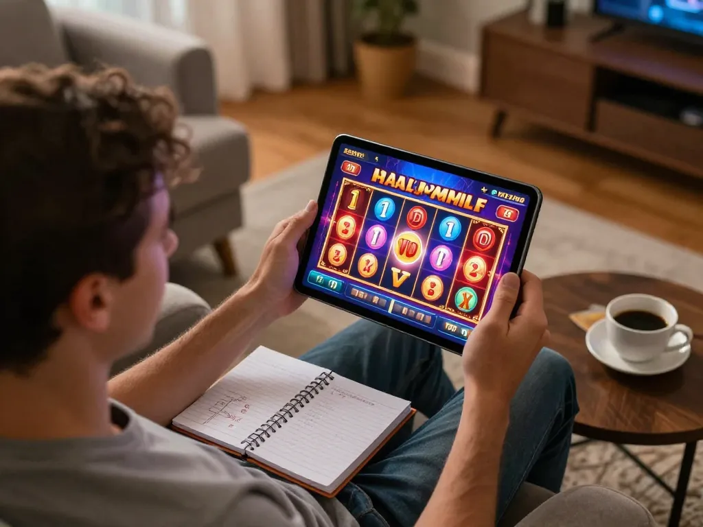 Player enjoying real money pokies Australia on a tablet at home with strategic notes nearby.