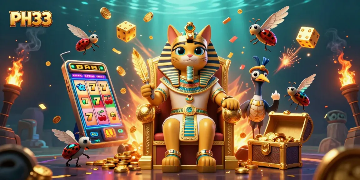 Experience thrilling gaming at PH33 with an Egyptian-themed 3D casino illustration showcasing dynamic slot machine rewards.