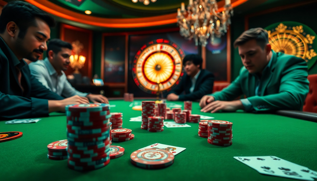 Engaging poker players at a luxurious table showcasing uu88's thrilling gambling atmosphere.