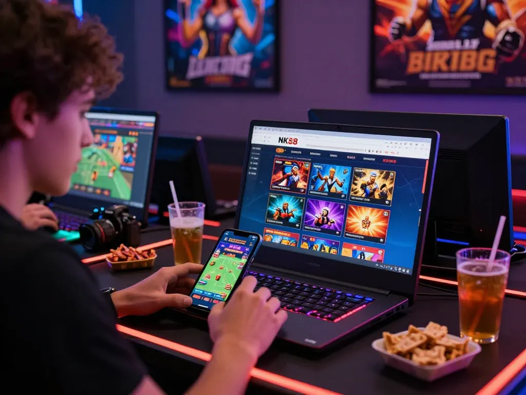 Engaged player exploring NK88 online gambling site with vibrant gaming atmosphere.