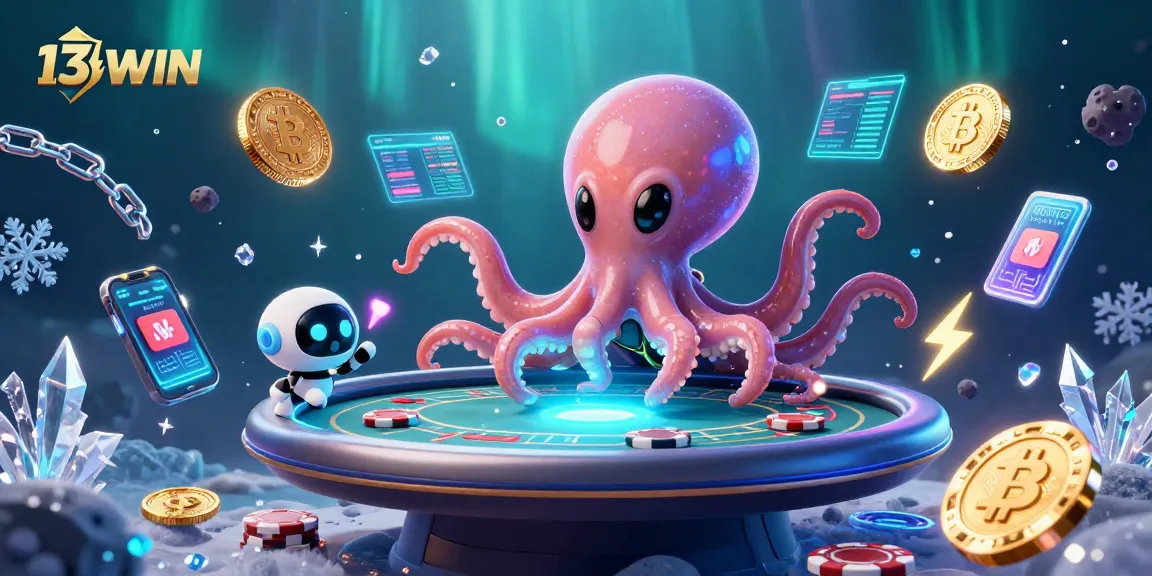 Join the excitement at 13WIN with a dynamic virtual poker scene featuring an alien octopus and colorful crypto elements.