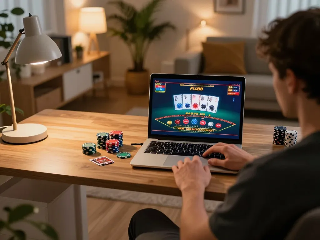 Player engaging with live dealer blackjack on FLY88's platform from a cozy home office