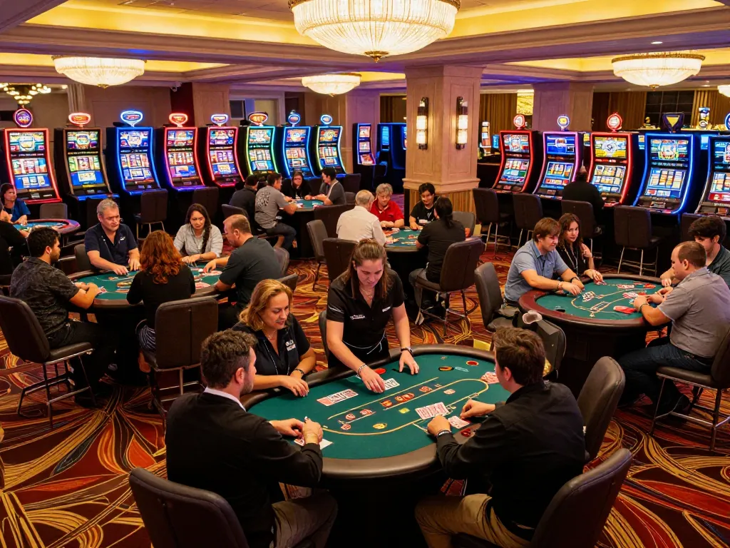 MM88 casino floor bustling with players at poker tables and slot machines