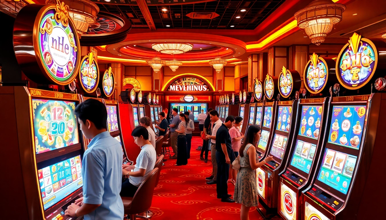 Nổ hũ slot machines attracting eager players in a vibrant casino setting.