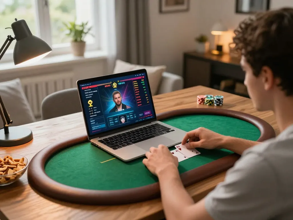 Engaging in an online poker game with a trusted nhà cái uy tín in a cozy home setting