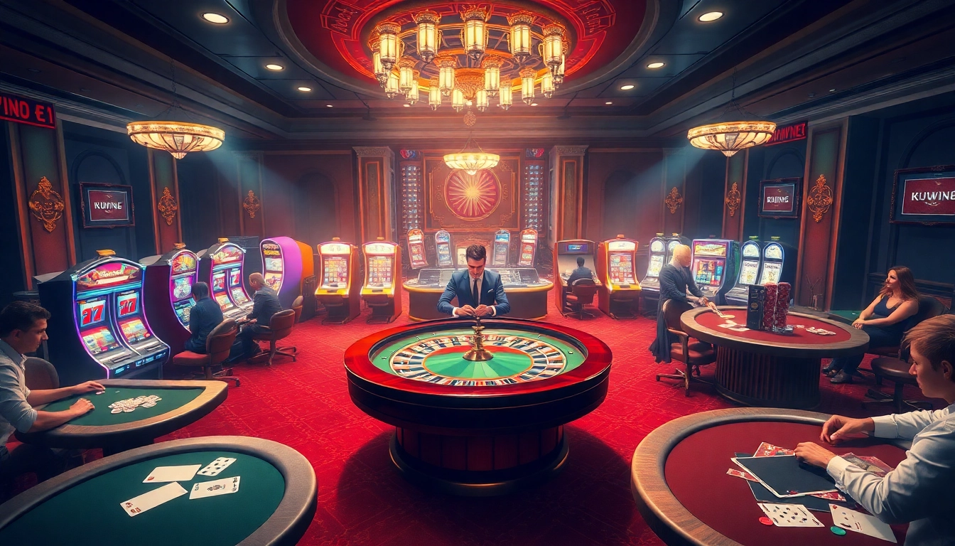 Players engaging with vibrant casino games, showcasing the excitement of KUWIN in a stylish setting.