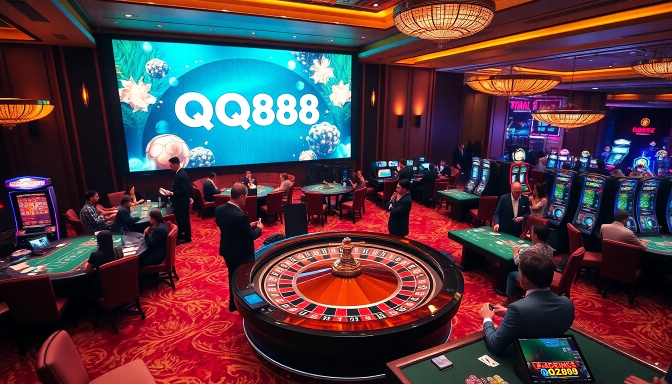 Two players strategizing at a QQ88 casino table with colorful chips and cards.