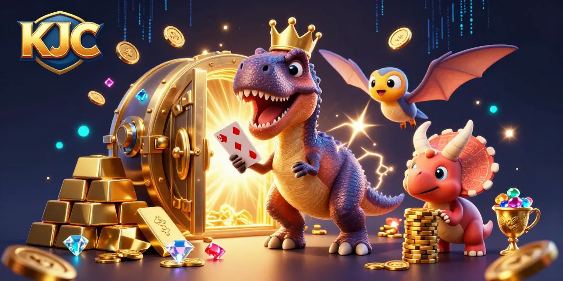KJC showcases a vibrant scene of a T-Rex shuffling cards and stacking chips, capturing casino excitement.
