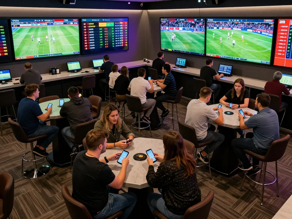 Live sports betting action displaying ผลบอลวันนี้ outcomes on large screens, patrons engaged in betting strategies in a modern lounge.