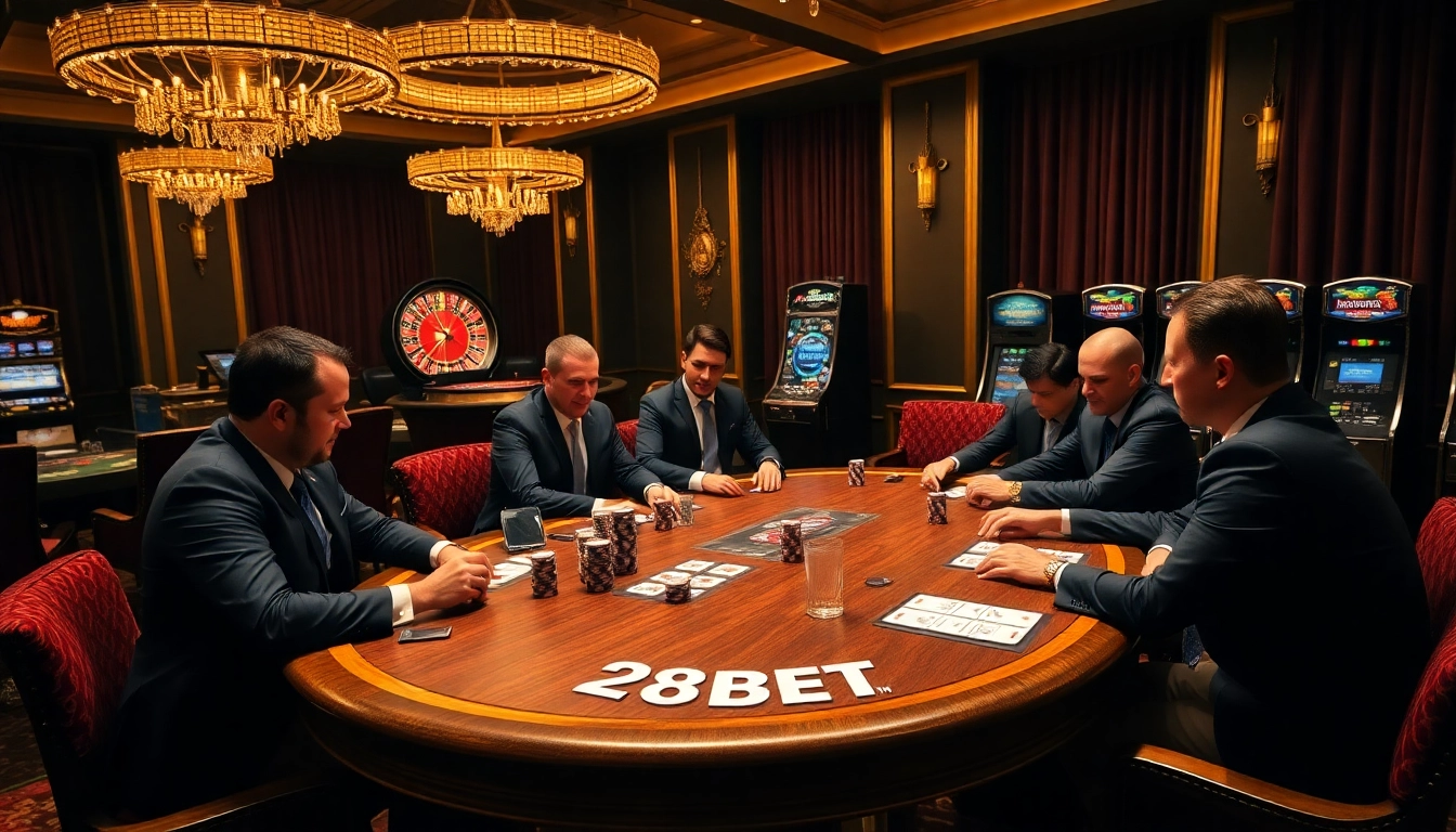 28BET poker table with luxurious chips and cards in a glamorous casino setting.