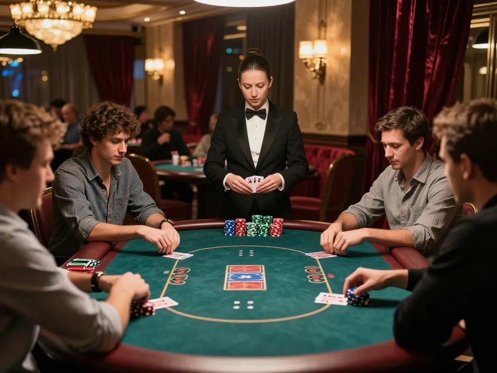 Players engage in strategic poker gameplay at qq88 casino table with vibrant chips and focused expressions