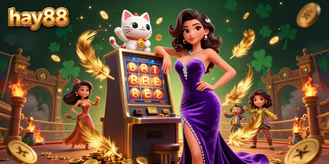 Spin to win at hay88, the vibrant online casino with a jackpot slot machine and fortune cat mascot.