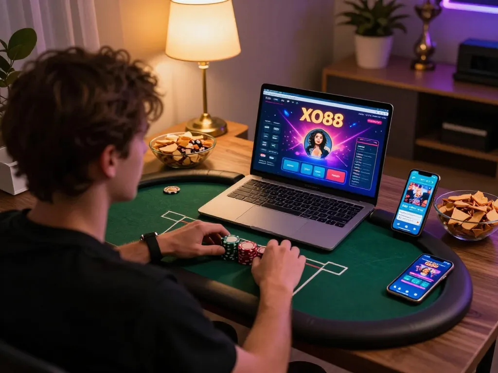 Engaged player enjoying online poker at XO88 with snacks and smartphone in a cozy atmosphere.