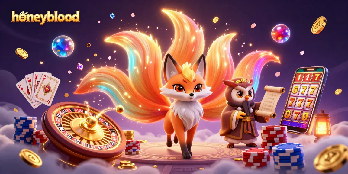 Engage in the vibrant world of honeyblood with a fantasy-inspired casino scene showcasing a nine-tailed fox and owl sage.