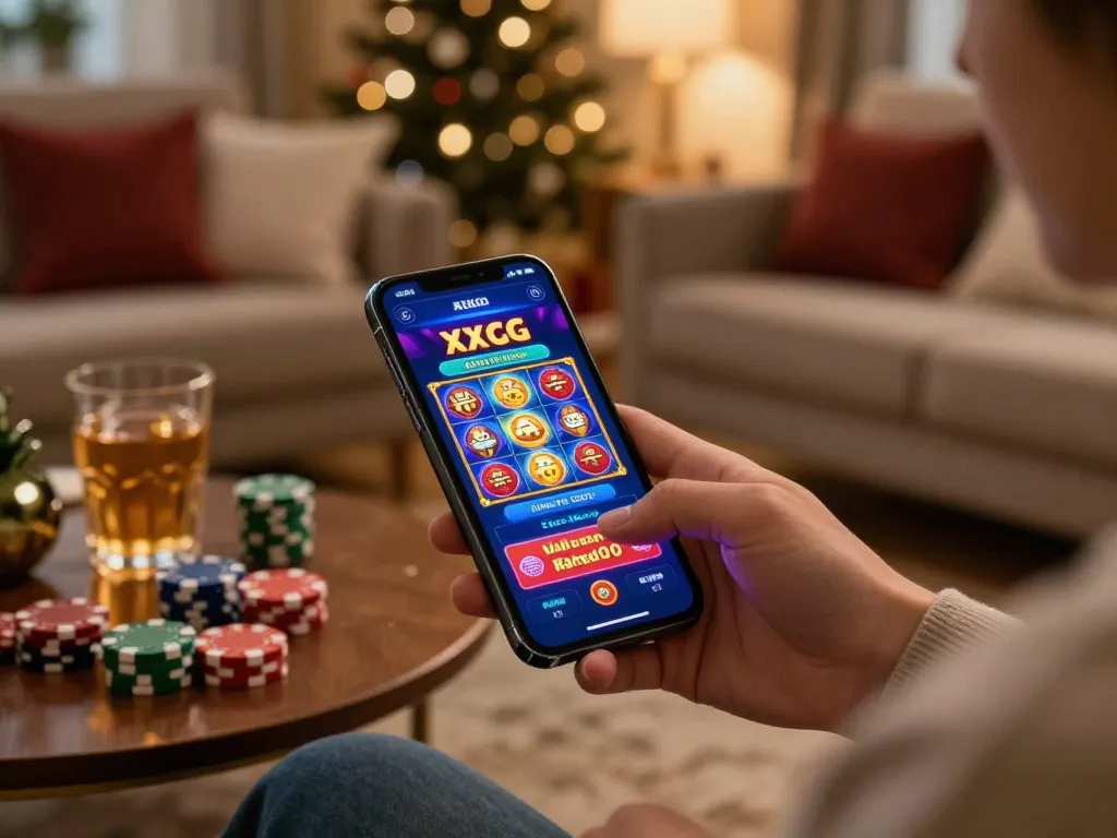 Player enjoying the XXGG mobile casino app while relaxing at home with festive decor and drinks.