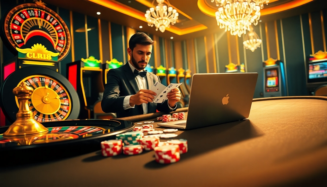 Gamblers enjoying a vibrant online experience at Go88, featuring roulette wheels and poker chips.