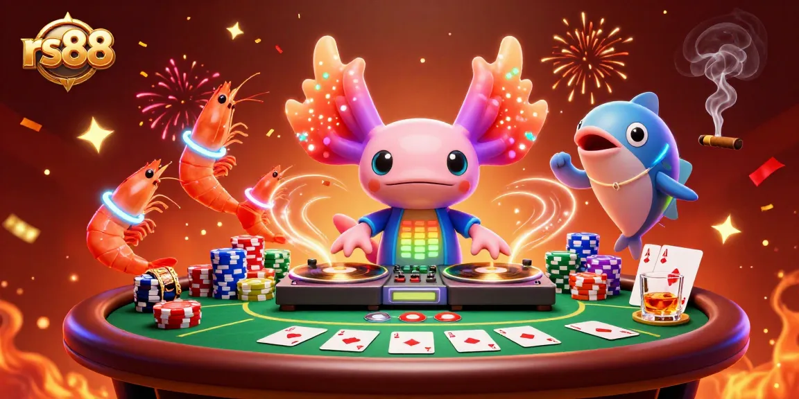 Engage with vibrant rs88 gaming action featuring axolotl DJ, shrimp dancers, and poker elements.
