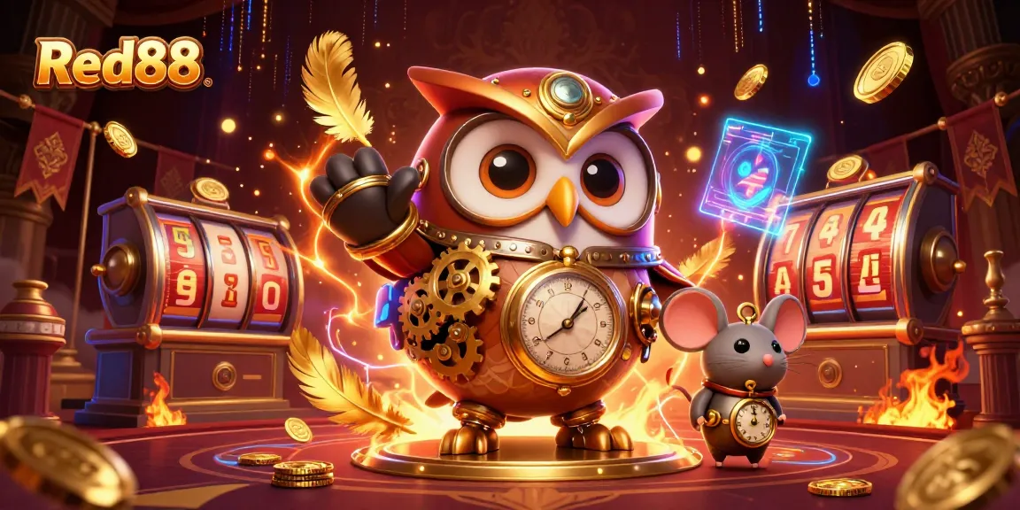 Experience the excitement of Red88 with a vibrant casino scene featuring a whimsical owl and magical elements.