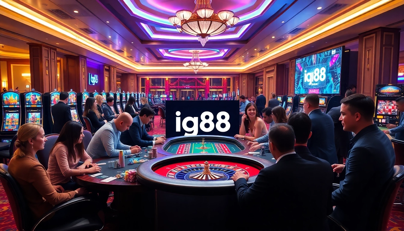 Players enjoying a thrilling game at iq88 casino with vibrant lights and exciting tables.