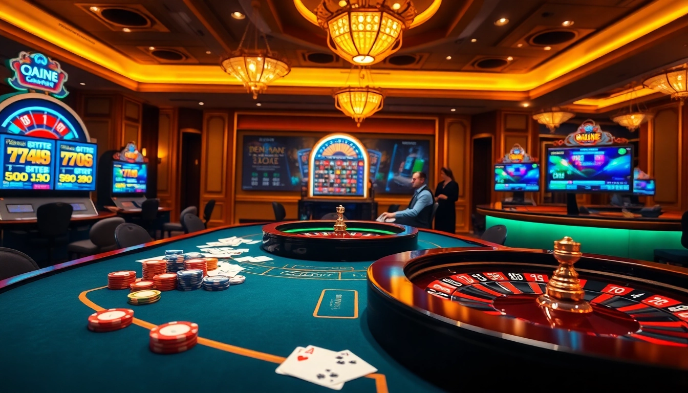 Experience the excitement of QQ88 at a bustling casino table filled with chips, cards, and a roulette wheel.