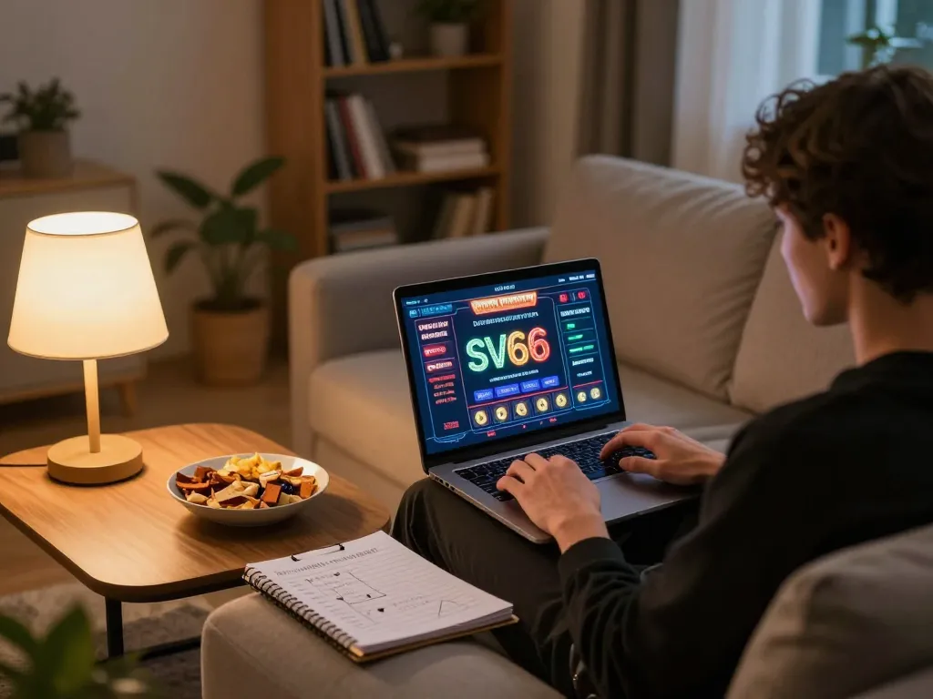 SV66 online casino interface displayed on a laptop during a relaxed home gaming session.