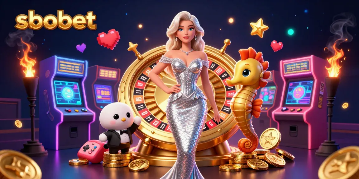 Sbobet betting scene with a glamorous woman and seahorse beside a golden roulette wheel