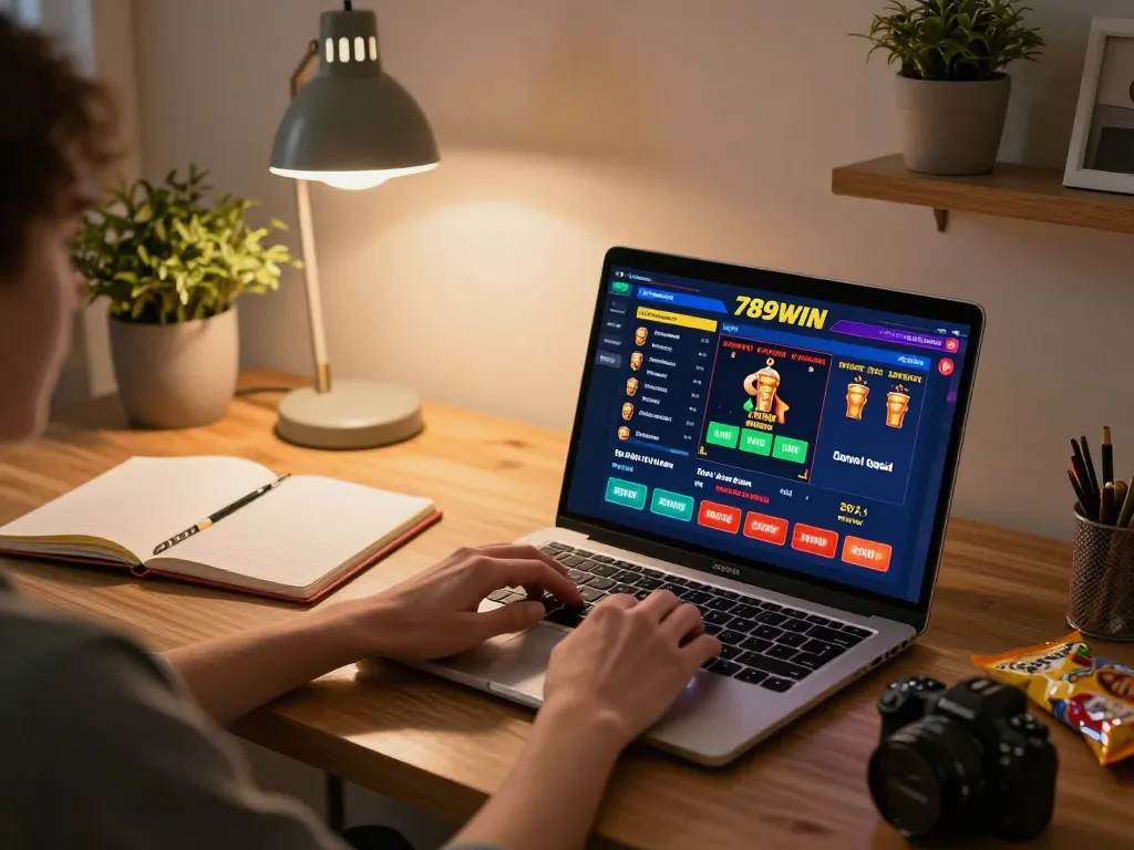 Engaging with 789WIN casino games on a laptop, showcasing strategic gameplay in a cozy home environment.