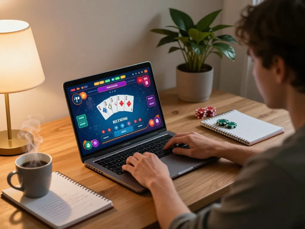 Engaging online poker gameplay experience on FIVE88 from a cozy home setup with betting notes.