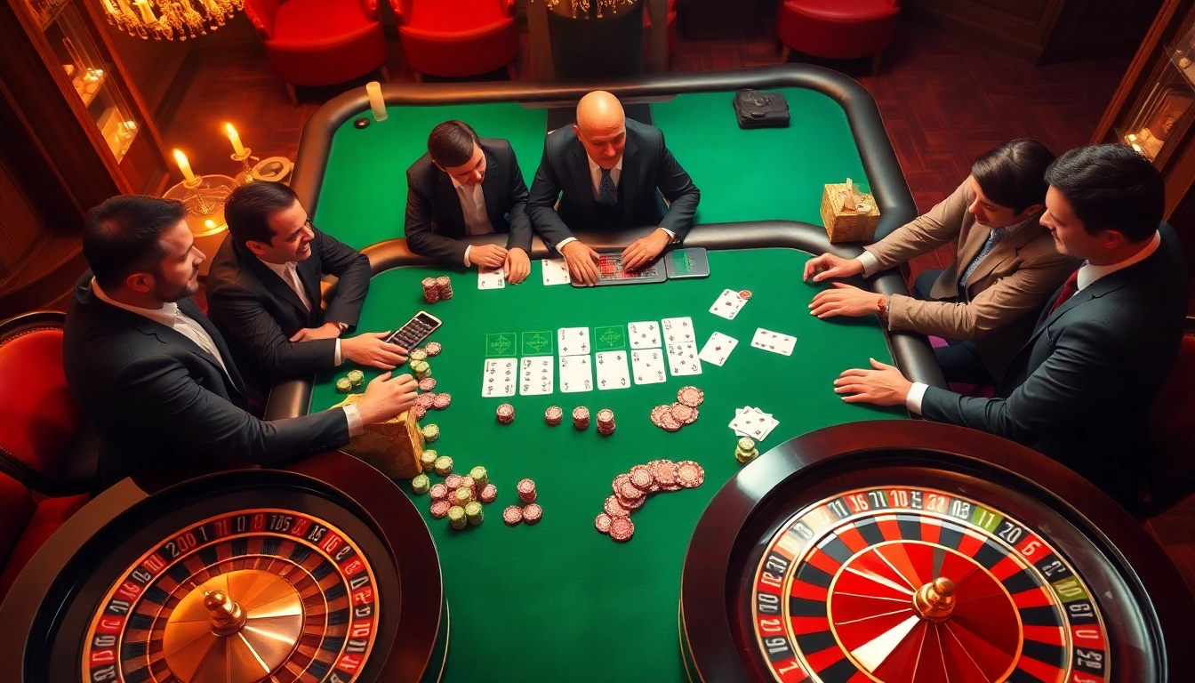 PUB88 highlights a luxurious casino scene with professional gamblers at a vibrant gambling table.