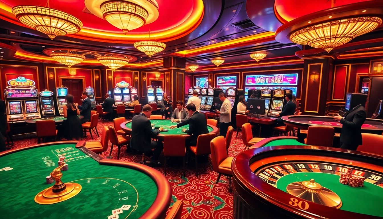 Exciting gaming action at 8day casino featuring lavish poker tables and vibrant slot machines.
