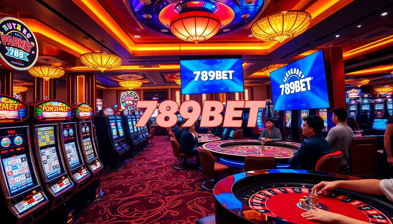 Exciting casino scene featuring 789BET logo and vibrant gaming atmosphere.