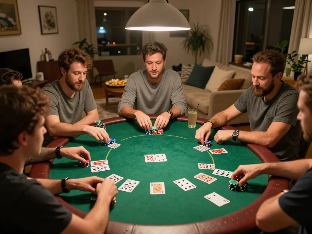 Engaged players focus on their cards during a home poker night, inspired by https://tt88n0hu.com/ for strategic gameplay.